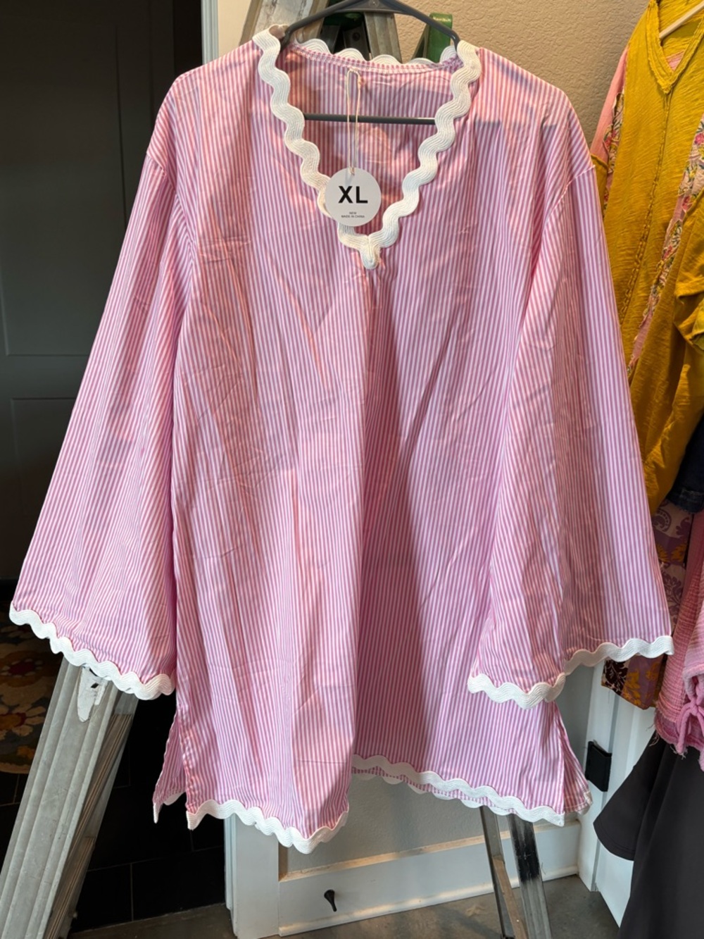Amazon Pink and White Striped Women's Tunic with Scalloped Trim
